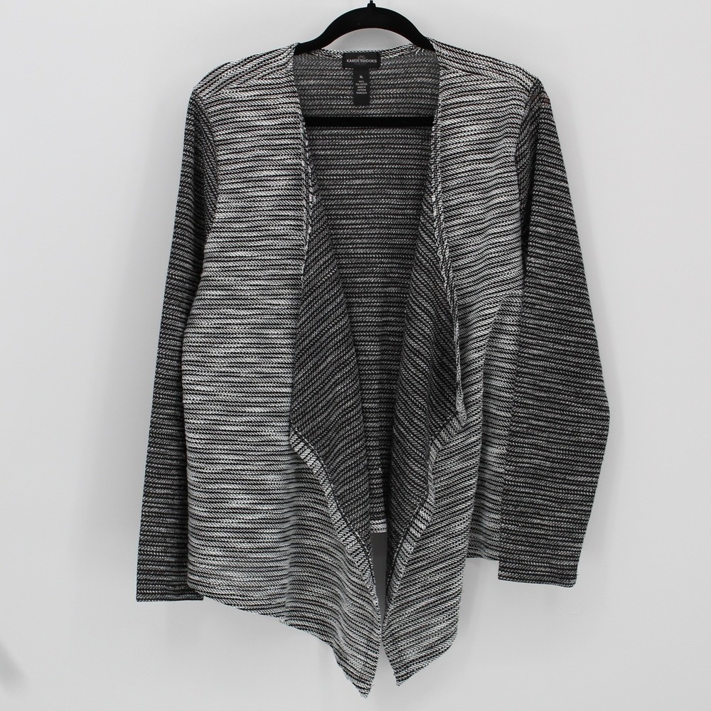 Karen Brooks $88 XL Black White Open Front Waterfall Drape Textured Cardigan